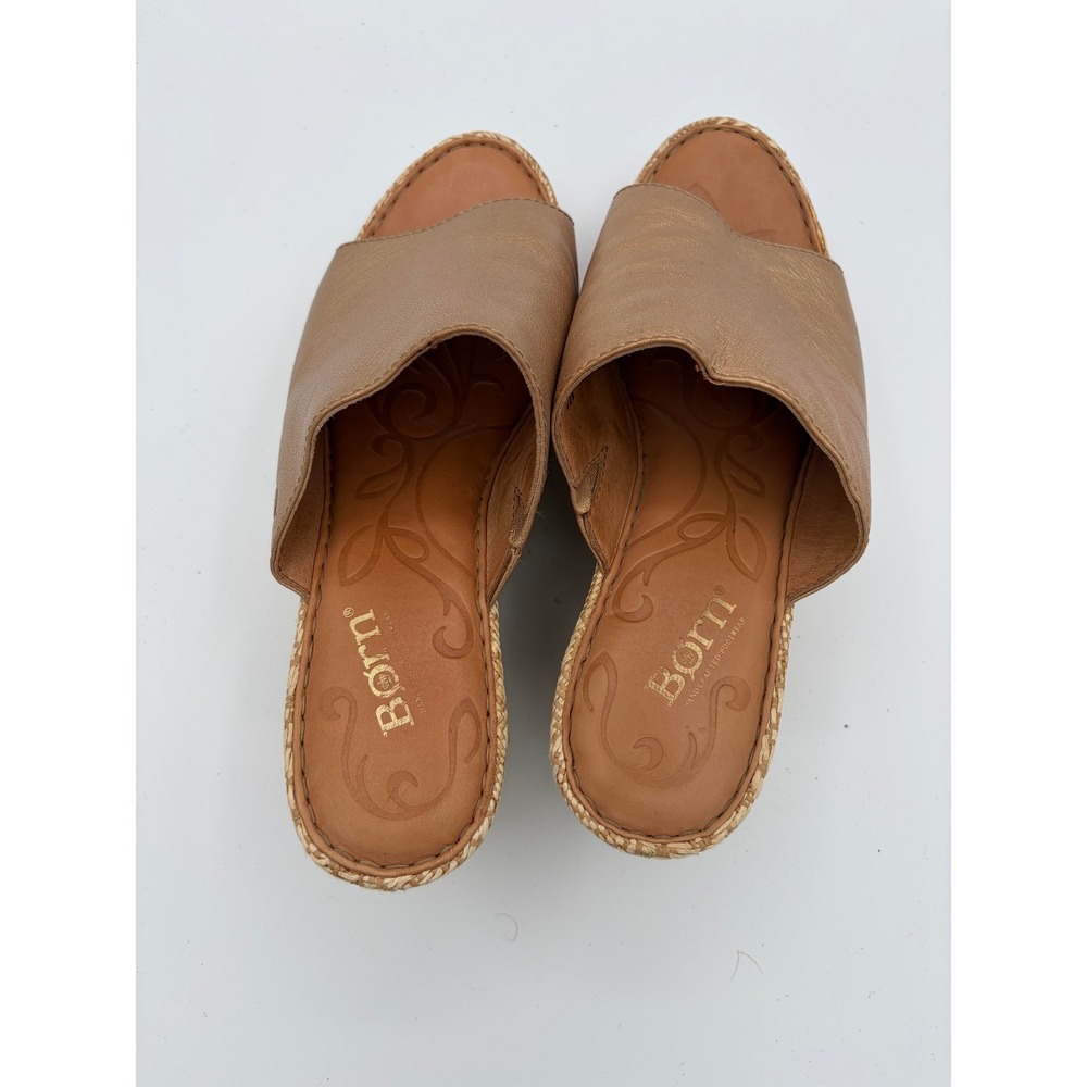 Born Wedge Sandals Womens 8 Gold Leather Espadrille Platform Slides D58010 - Picture 7 of 11